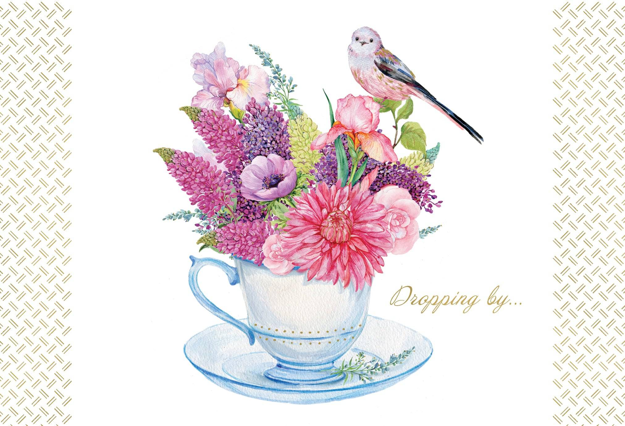 Bird on teacup Mother's Day card by Pictura featuring a delicate bird illustration on a teacup, suitable for celebrating moms.